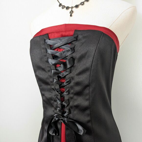 Vintage Prom Dress Maxi Gown S Red Black Corset Goth 90 Y2K Strapless Vamp Glam - Picture 10 of 13